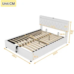 Lit coffre 160x200 cm double adulte avec télécommande LED et ports USB-C, structure lin MDF blanc, sans matelas