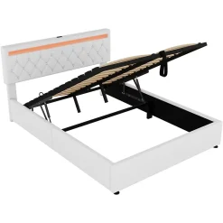 Lit coffre 160x200 cm double adulte avec télécommande LED et ports USB-C, structure lin MDF blanc, sans matelas