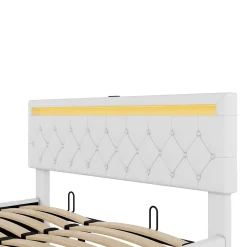 Lit coffre 160x200 cm double adulte avec télécommande LED et ports USB-C, structure lin MDF blanc, sans matelas