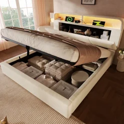 Lit coffre 180x200 cm double avec LED intégrée, tête de lit réglable, charge USB/Type-C, velours beige - Sans matelas