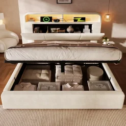 Lit coffre 180x200 cm double avec LED intégrée, tête de lit réglable, charge USB/Type-C, velours beige - Sans matelas