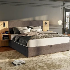 Lit coffre 180x200 cm double capitonné avec grandes oreilles, 2 tables de nuit, coffre de rangement, velours gris, sans matelas