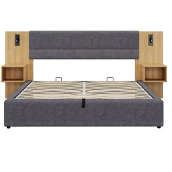 Lit coffre 180x200 cm double capitonné avec grandes oreilles, 2 tables de nuit, coffre de rangement, velours gris, sans matelas