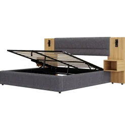 Lit coffre 180x200 cm double capitonné avec grandes oreilles, 2 tables de nuit, coffre de rangement, velours gris, sans matelas