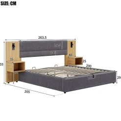 Lit coffre 180x200 cm double capitonné avec grandes oreilles, 2 tables de nuit, coffre de rangement, velours gris, sans matelas