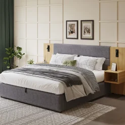 Lit coffre 180x200 cm double capitonné avec grandes oreilles, 2 tables de nuit, coffre de rangement, velours gris, sans matelas