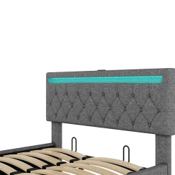 Lit coffre 140x200 cm double capitonné avec LED télécommande et ports USB-C, structure lin MDF gris, sans matelas