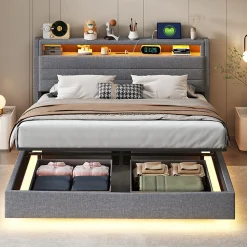 Lit Coffre 160x200 cm, Double Rembourré en Tissu Lin avec LED et Port USB, Coffre de Rangement Hydraulique - Gris - Sans Matelas