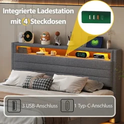 Lit Coffre 160x200 cm, Double Rembourré en Tissu Lin avec LED et Port USB, Coffre de Rangement Hydraulique - Gris - Sans Matelas