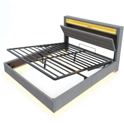 Lit Coffre 160x200 cm, Double Rembourré en Tissu Lin avec LED et Port USB, Coffre de Rangement Hydraulique - Gris - Sans Matelas