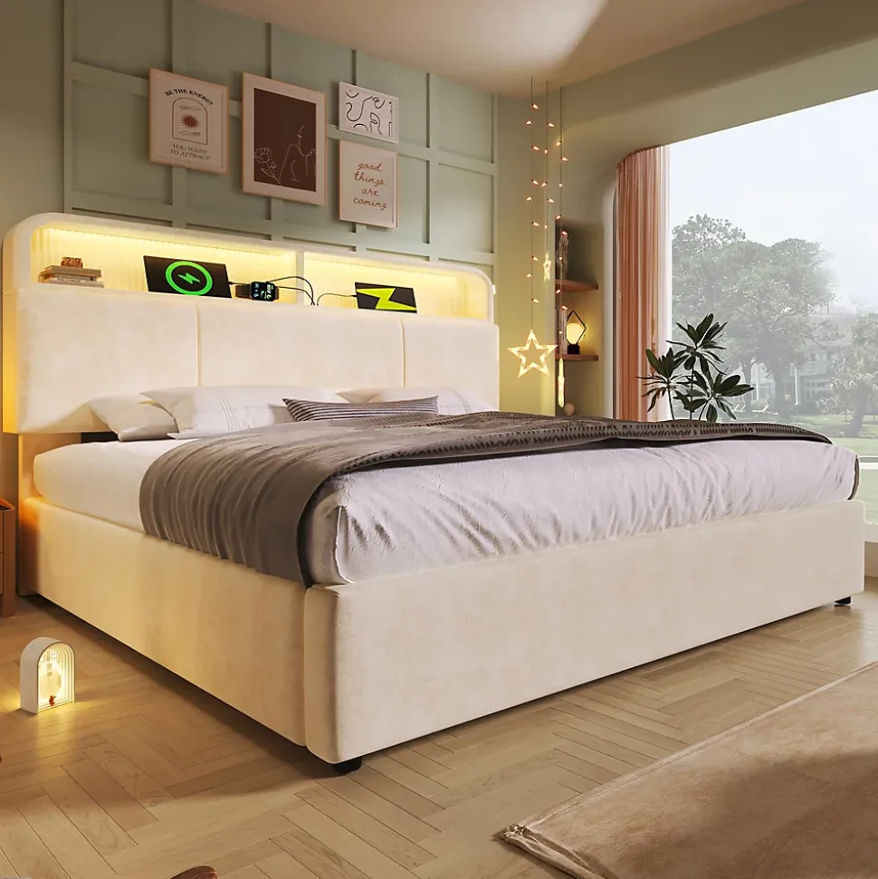 Lit coffre 140x190 cm double rembourré avec tête de lit réglable, LED intégrée, charge USB/Type-C, velours beige - Sans matelas