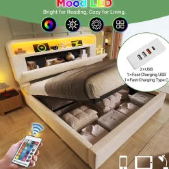 Lit coffre 140x190 cm double rembourré avec tête de lit réglable, LED intégrée, charge USB/Type-C, velours beige - Sans matelas