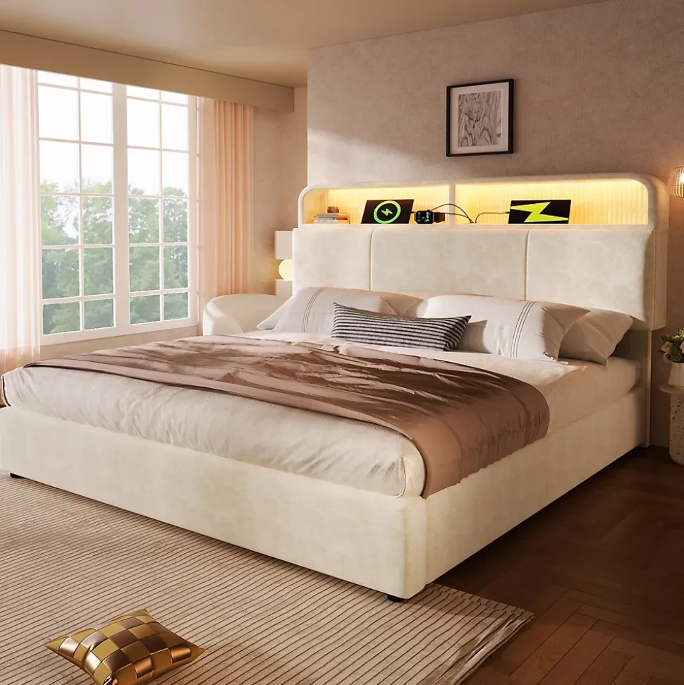 Lit coffre 140x190 cm double rembourré avec tête de lit réglable, LED intégrée, charge USB/Type-C, velours beige - Sans matelas