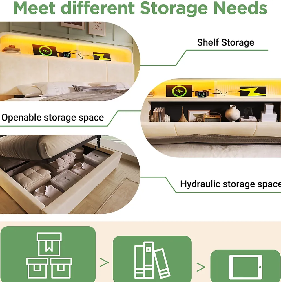 Lit coffre 140x190 cm double rembourré avec tête de lit réglable, LED intégrée, charge USB/Type-C, velours beige - Sans matelas