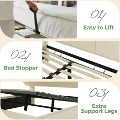 Lit coffre 140x190 cm double rembourré avec tête de lit réglable, LED intégrée, charge USB/Type-C, velours beige - Sans matelas