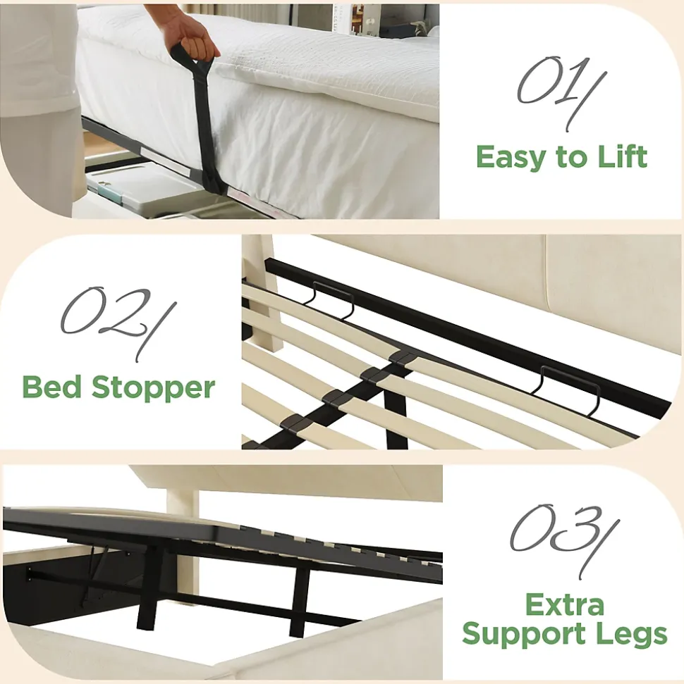 Lit coffre 140x190 cm double rembourré avec tête de lit réglable, LED intégrée, charge USB/Type-C, velours beige - Sans matelas