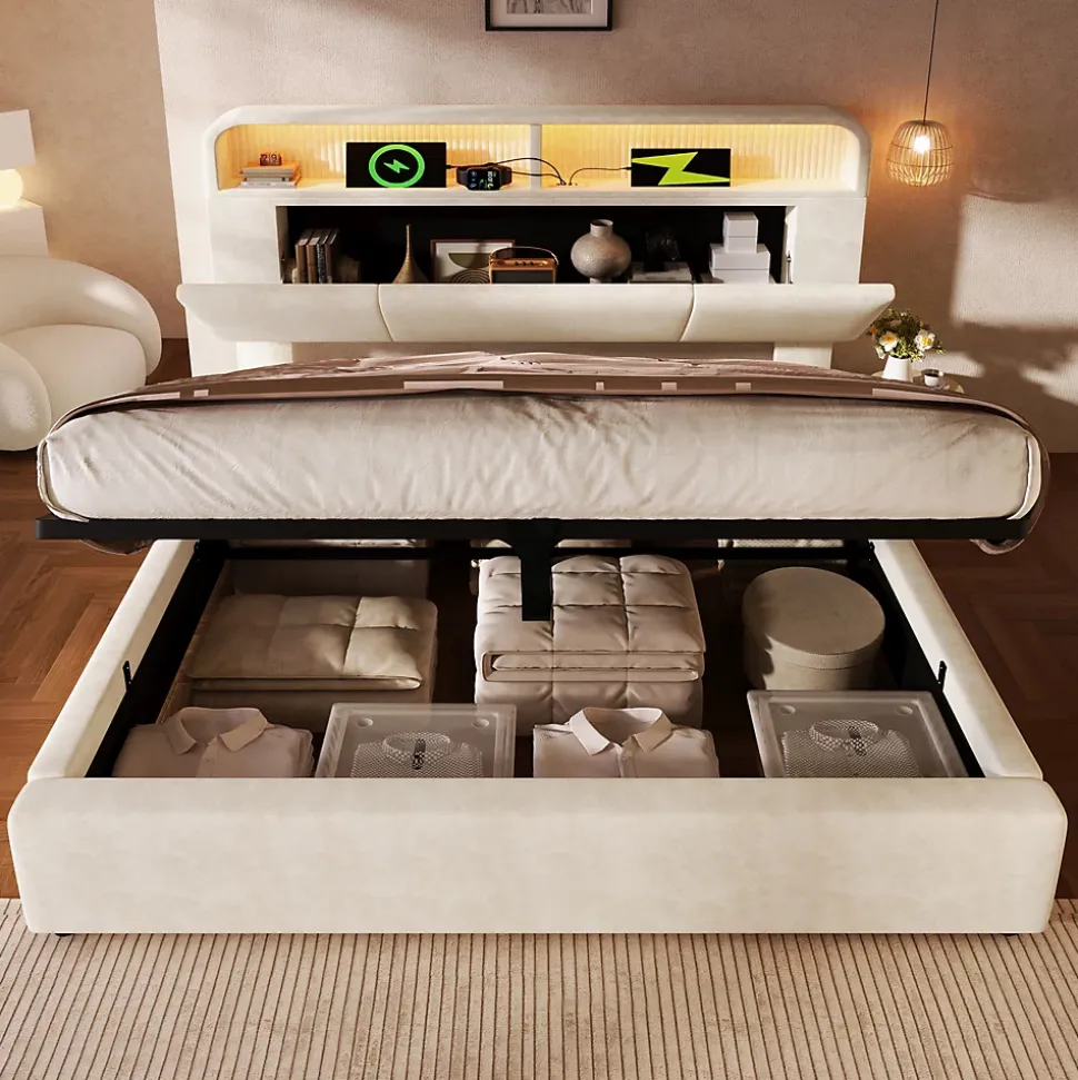 Lit coffre 140x190 cm double rembourré avec tête de lit réglable, LED intégrée, charge USB/Type-C, velours beige - Sans matelas