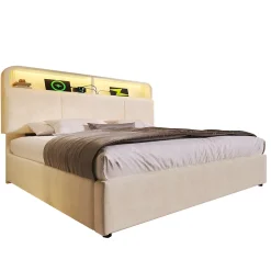 Lit coffre 140x190 cm double rembourré avec tête de lit réglable, LED intégrée, charge USB/Type-C, velours beige - Sans matelas