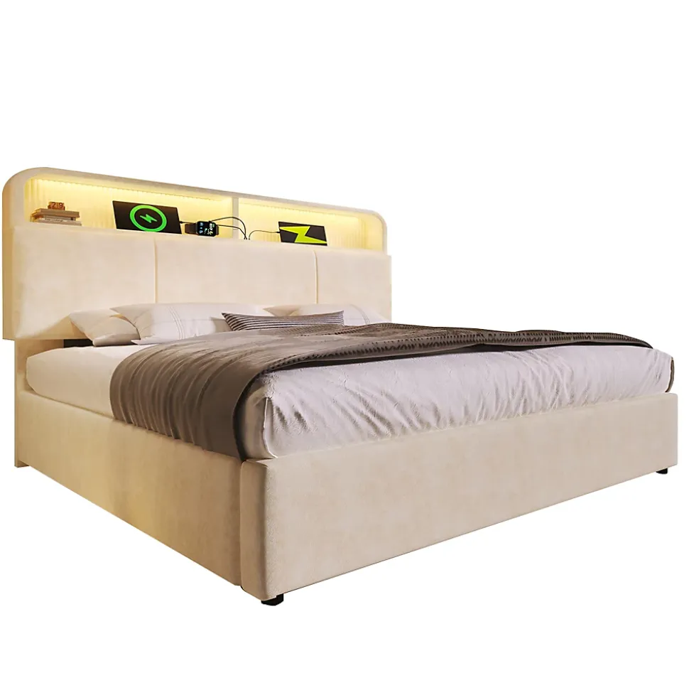 Lit coffre 140x190 cm double rembourré avec tête de lit réglable, LED intégrée, charge USB/Type-C, velours beige - Sans matelas