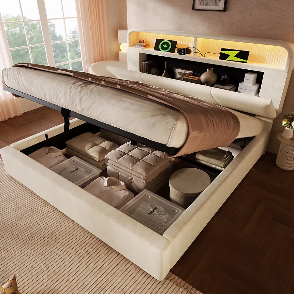 Lit coffre 140x190 cm double rembourré avec tête de lit réglable, LED intégrée, charge USB/Type-C, velours beige - Sans matelas