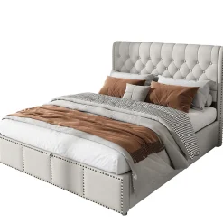 Lit coffre 160x200 cm en lin-coton, tête 102,5 cm, clous décoratifs, rangement intégré, sans matelas, gris