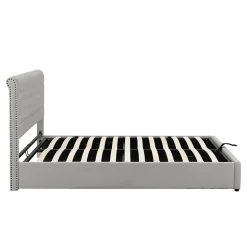 Lit coffre 160x200 cm en lin-coton, tête 102,5 cm, clous décoratifs, rangement intégré, sans matelas, gris