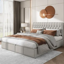 Lit coffre 160x200 cm en lin-coton, tête 102,5 cm, clous décoratifs, rangement intégré, sans matelas, gris