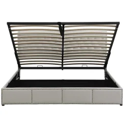 Lit coffre 160x200 cm en lin-coton, tête 102,5 cm, clous décoratifs, rangement intégré, sans matelas, gris