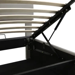 Lit coffre 180x200 cm en simili cuir PU gris clair, LED, capitonné, relevable hydraulique avec sommier à lattes et tête de lit