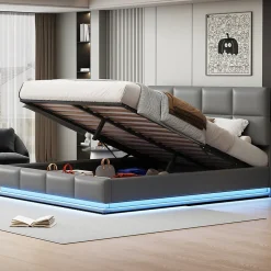 Lit coffre 180x200 cm en simili cuir PU gris clair, LED, capitonné, relevable hydraulique avec sommier à lattes et tête de lit