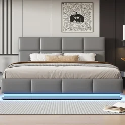 Lit coffre 180x200 cm en simili cuir PU gris clair, LED, capitonné, relevable hydraulique avec sommier à lattes et tête de lit