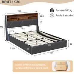 Lit coffre 160x200 cm en simili cuir noir et chêne clair, tête de lit avec rangements, prises USB et bandes LED