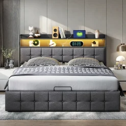Lit coffre 140x190 cm en similicuir avec LED RGB, tête de lit avec prises USB/Type-C et rangements intégrés, Gris