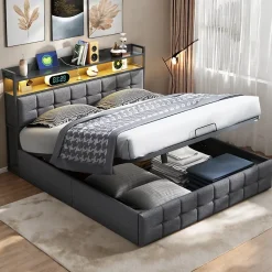 Lit coffre 140x190 cm en similicuir avec LED RGB, tête de lit avec prises USB/Type-C et rangements intégrés, Gris