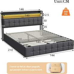 Lit coffre 140x190 cm en similicuir avec LED RGB, tête de lit avec prises USB/Type-C et rangements intégrés, Gris