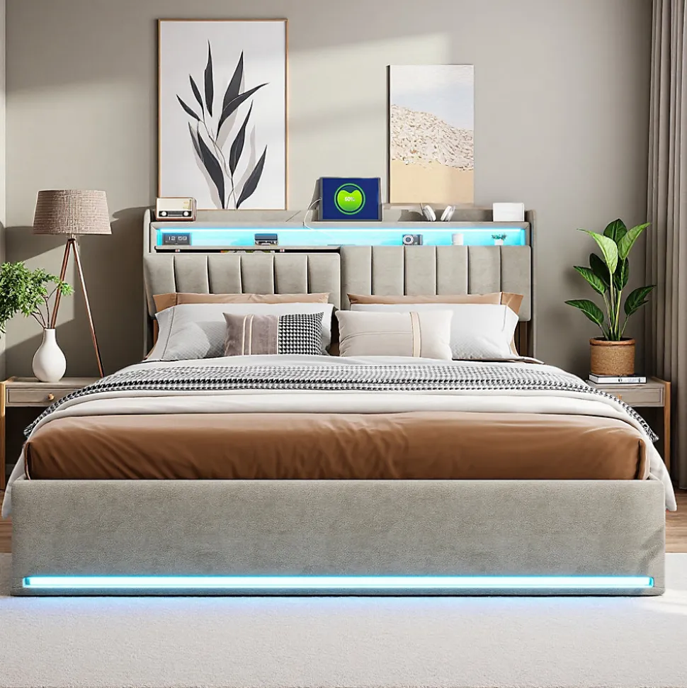 Lit coffre 140x200 cm en tissu velours gris avec tête de lit rembourrée, LED intégrées, rangement pratique, prise USB