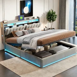 Lit coffre 140x200 cm en tissu velours gris avec tête de lit rembourrée, LED intégrées, rangement pratique, prise USB