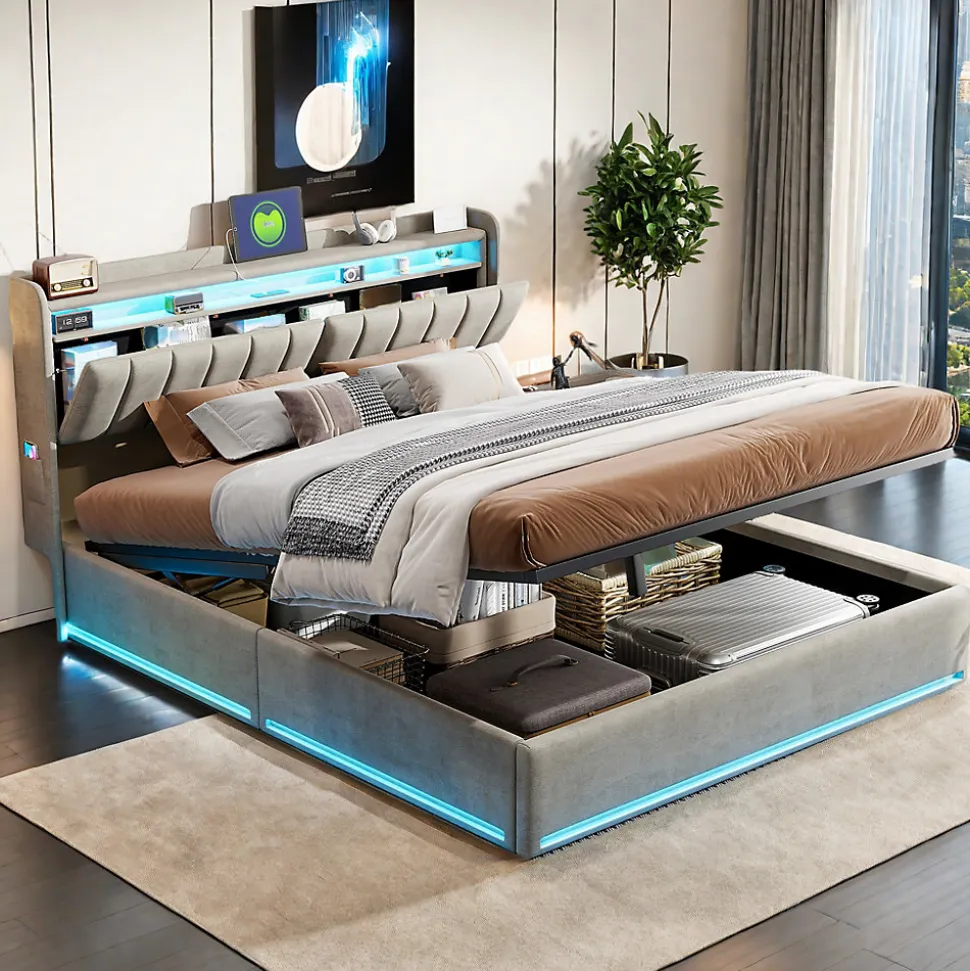 Lit coffre 140x200 cm en tissu velours gris avec tête de lit rembourrée, LED intégrées, rangement pratique, prise USB