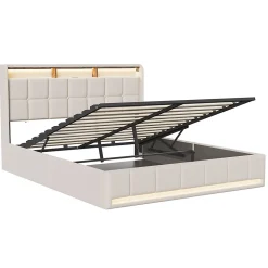 Lit Coffre 160x200 cm en Tissu avec Rangement, Tête de Lit avec LED, USB et Type-C, Sommier Relevable à Vérins, Beige