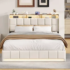 Lit Coffre 160x200 cm en Tissu avec Rangement, Tête de Lit avec LED, USB et Type-C, Sommier Relevable à Vérins, Beige
