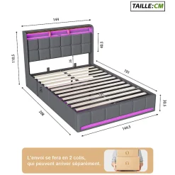 Lit Coffre 140x190 cm en Tissu avec Rangement, LED, USB et Type-C, lit double avec Sommier Relevable à Vérins, Gris