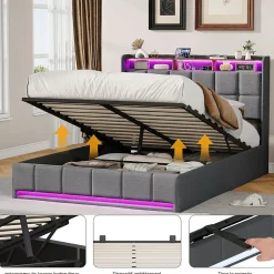 Lit Coffre 140x190 cm en Tissu avec Rangement, LED, USB et Type-C, lit double avec Sommier Relevable à Vérins, Gris
