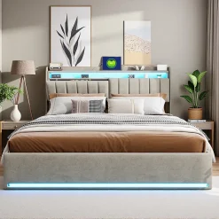 Lit coffre 160x200 cm en tissu velours gris avec tête de lit rembourrée, LED intégrées, rangement pratique, prise USB