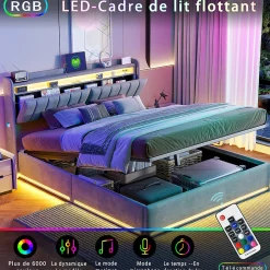Lit coffre 160x200 cm en tissu velours gris avec tête de lit rembourrée, LED intégrées, rangement pratique, prise USB