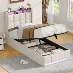 Lit Coffre 90x200 cm en Tissu avec Rangement, Tête de Lit avec LED, USB et Type-C, Sommier Relevable à Vérins, Beige