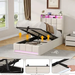 Lit Coffre 90x200 cm en Tissu avec Rangement, Tête de Lit avec LED, USB et Type-C, Sommier Relevable à Vérins, Beige