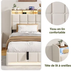 Lit Coffre 90x200 cm en Tissu avec Rangement, Tête de Lit avec LED, USB et Type-C, Sommier Relevable à Vérins, Beige