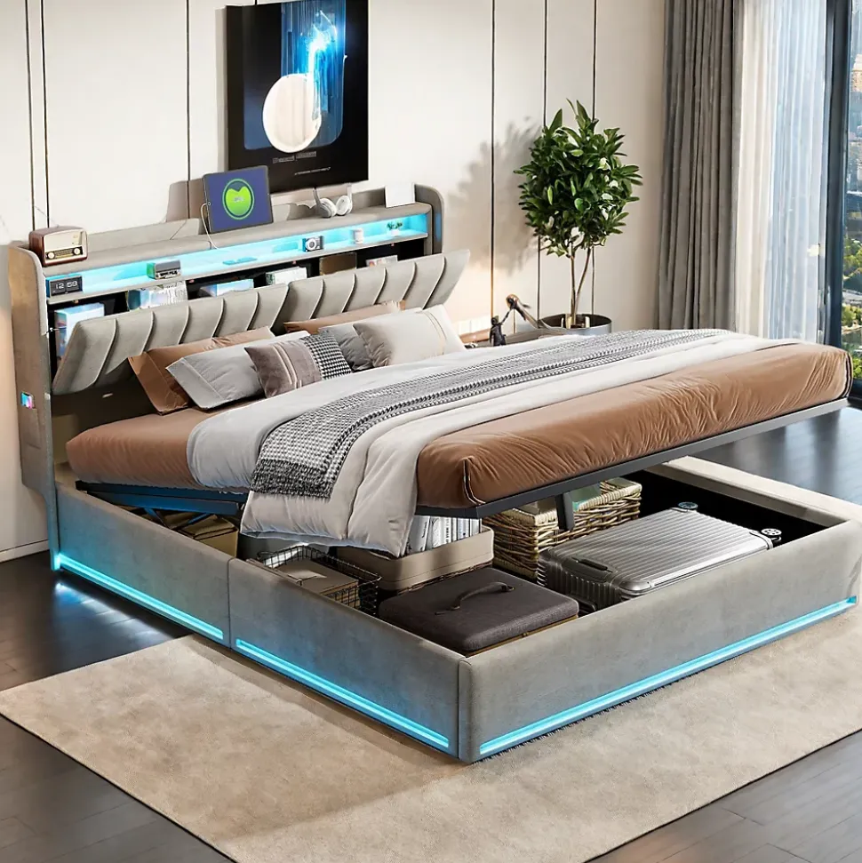 Lit coffre 160x200 cm en tissu velours avec rangement pratique, tête de lit rembourrée, lit double avec LED et prise USB, Gris