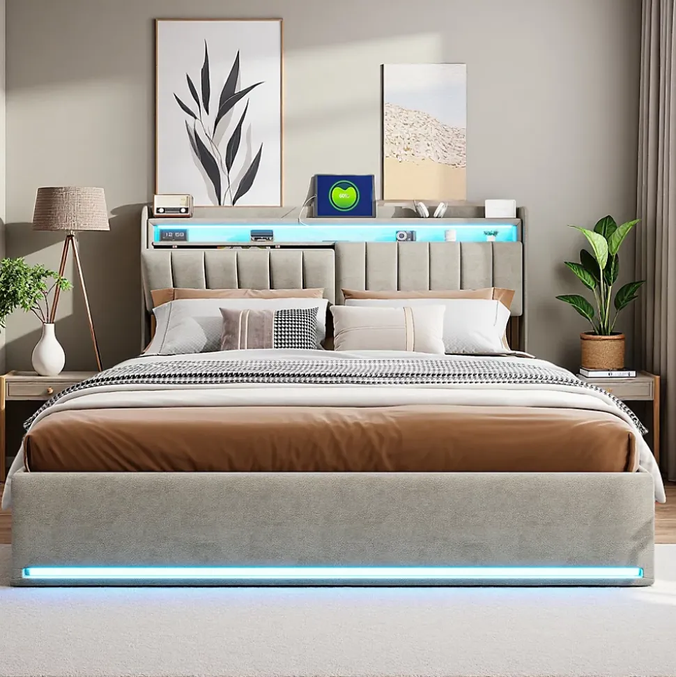 Lit coffre 160x200 cm en tissu velours avec rangement pratique, tête de lit rembourrée, lit double avec LED et prise USB, Gris