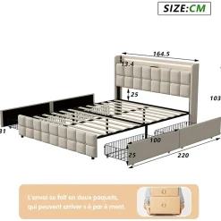 Lit coffre 160x200 cm en tissu beige avec tête rembourrée, LED, ports USB, 4 tiroirs et sommier à lattes, sans matelas